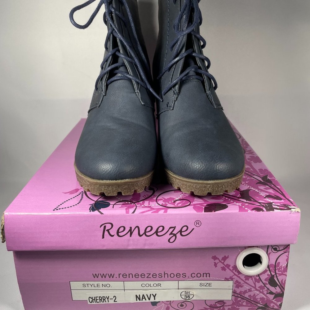 Reneeze Cherry-2 Women’s Laced Up 3" Wedge Ankle Booties Boots Navy Size 6/36